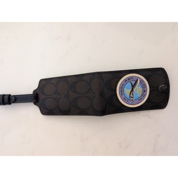 Coach Signature Jacquard Luggage Tag Airplane Globe Patch Leather Strap - Picture 4 of 6